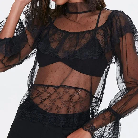 Black Sheer Mesh Lace Trim Top NWT - Picture 2 of 7
